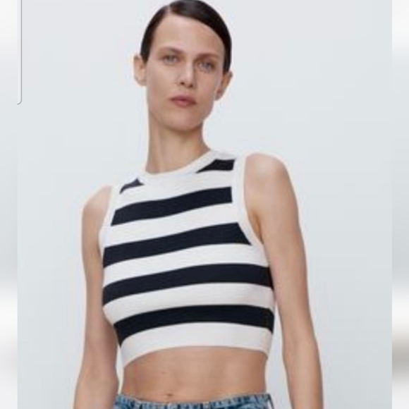 ZARA Knit Striped Crop Sleeveless Top In Navy/white. Size L - Picture 4 of 13